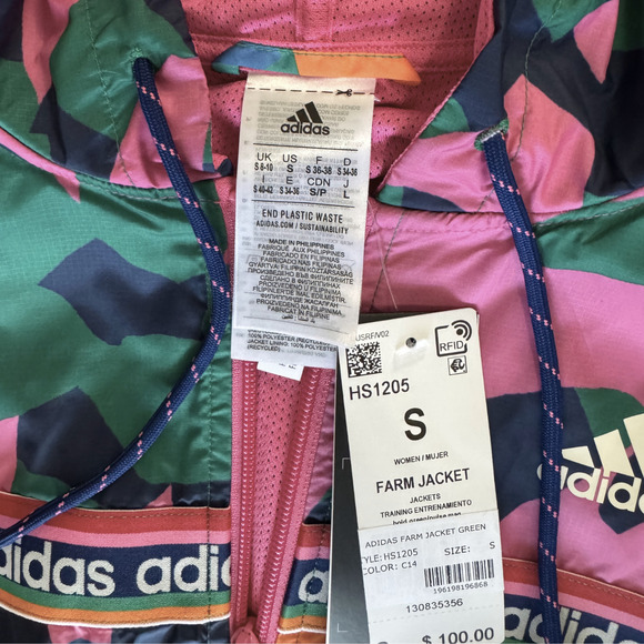 NWT ADIDAS x FARM RIO Women’s Hooded Full Zip Windbreaker Track Jacket sz Small - Picture 8 of 9